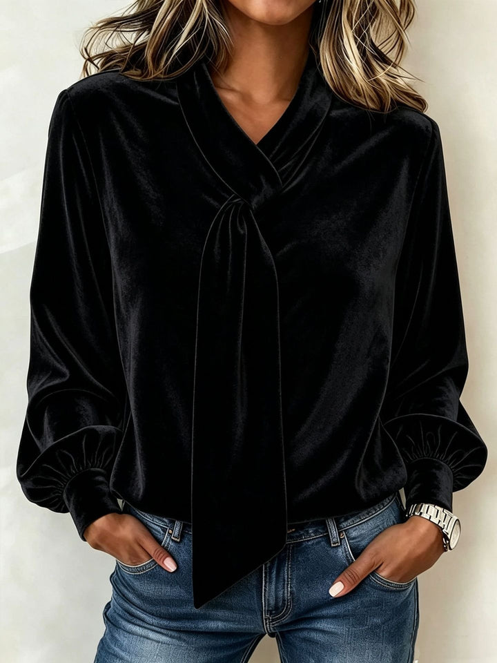 Damen Samtbluse mit Schluppe, Ballonärmeln und gerafften Manschetten Echo Archiv
