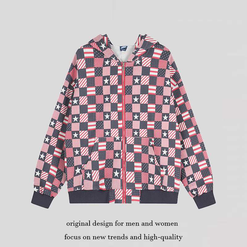 Damen Zip-Kapuzenjacke mit Allover-Patchwork-Sternen- und Streifenmuster Echoarchiv