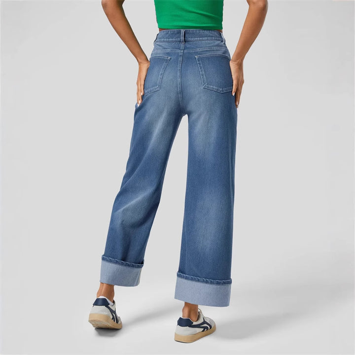 Damen nan hochgeschnittene weite Knöchellänge-Jeans mit breitem Umschlag und Fünf-Taschen-Schnitt Echo Archiv