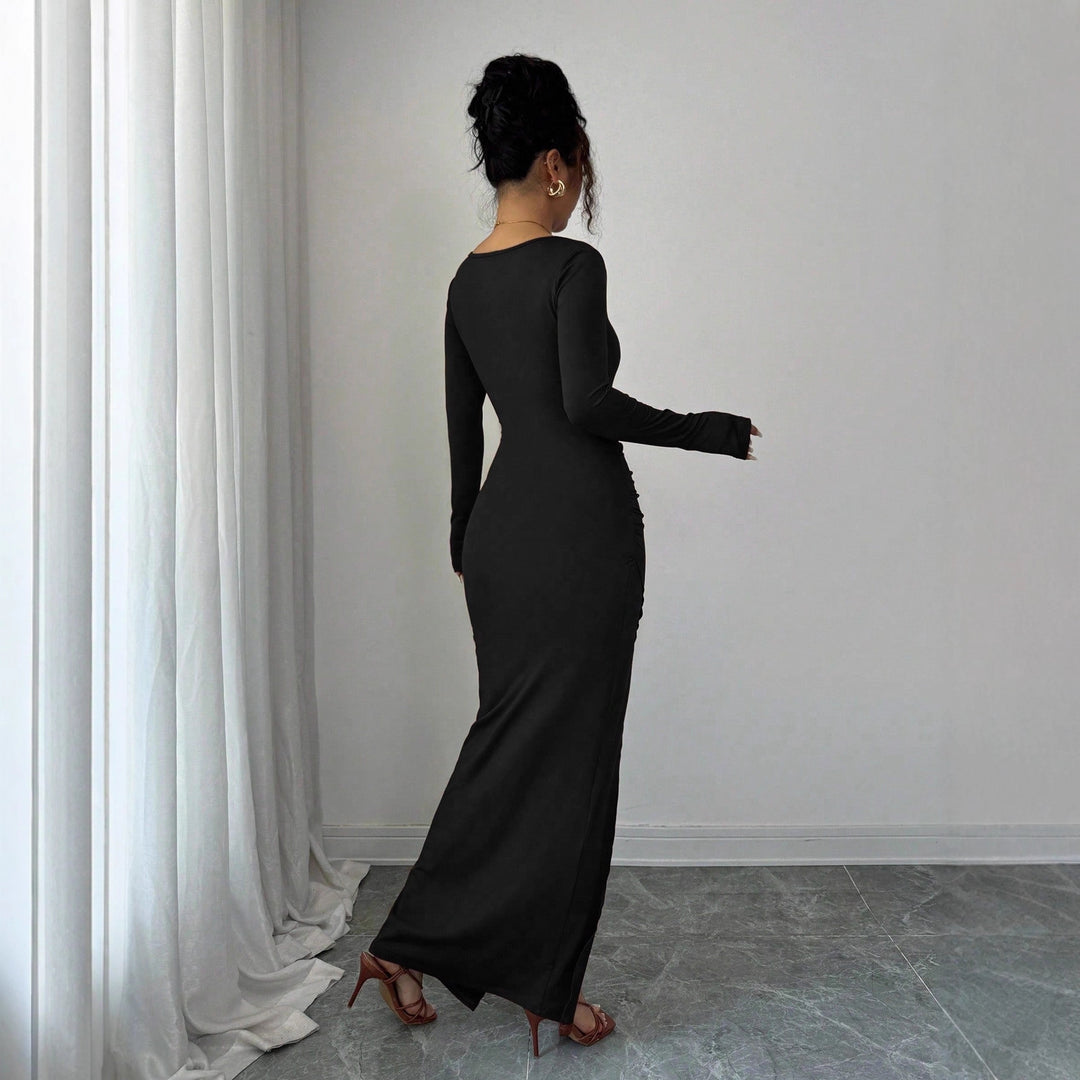 Damen nan körpernahes Maxikleid mit Quadratausschnitt, taillierter Raffung und hohem Seitenschlitz Echo Archiv