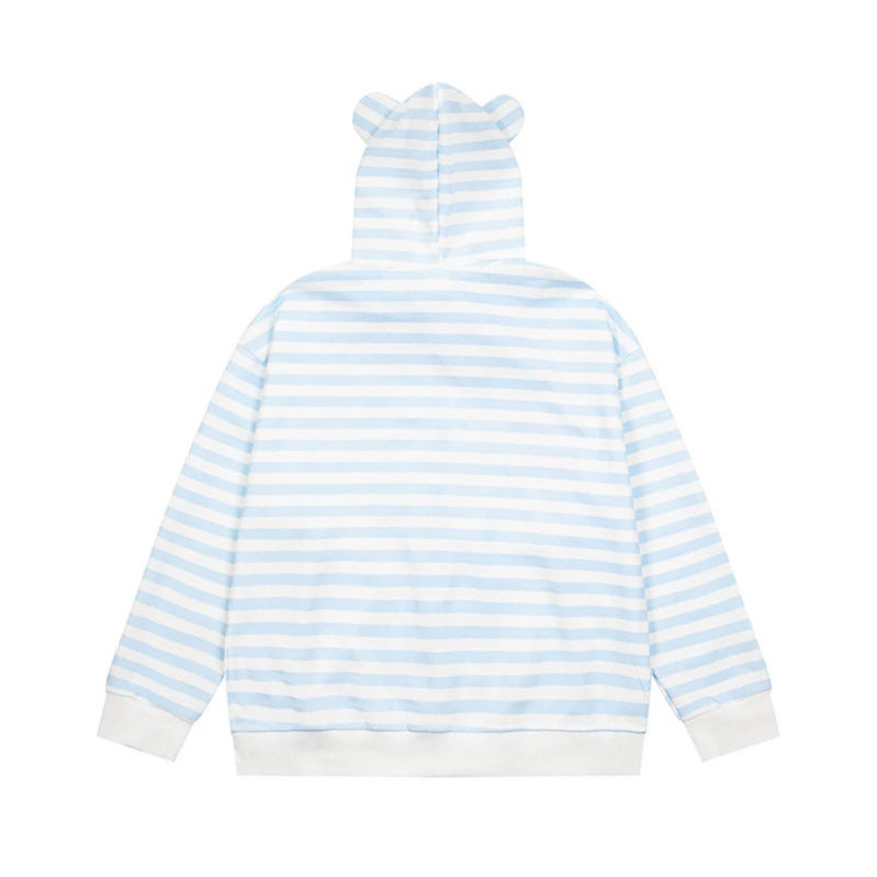 Damen Gestreifte Kapuzen-Sweatjacke mit Teddy-Anhänger, Ohren-Kapuze und Stickdetail Echoarchiv