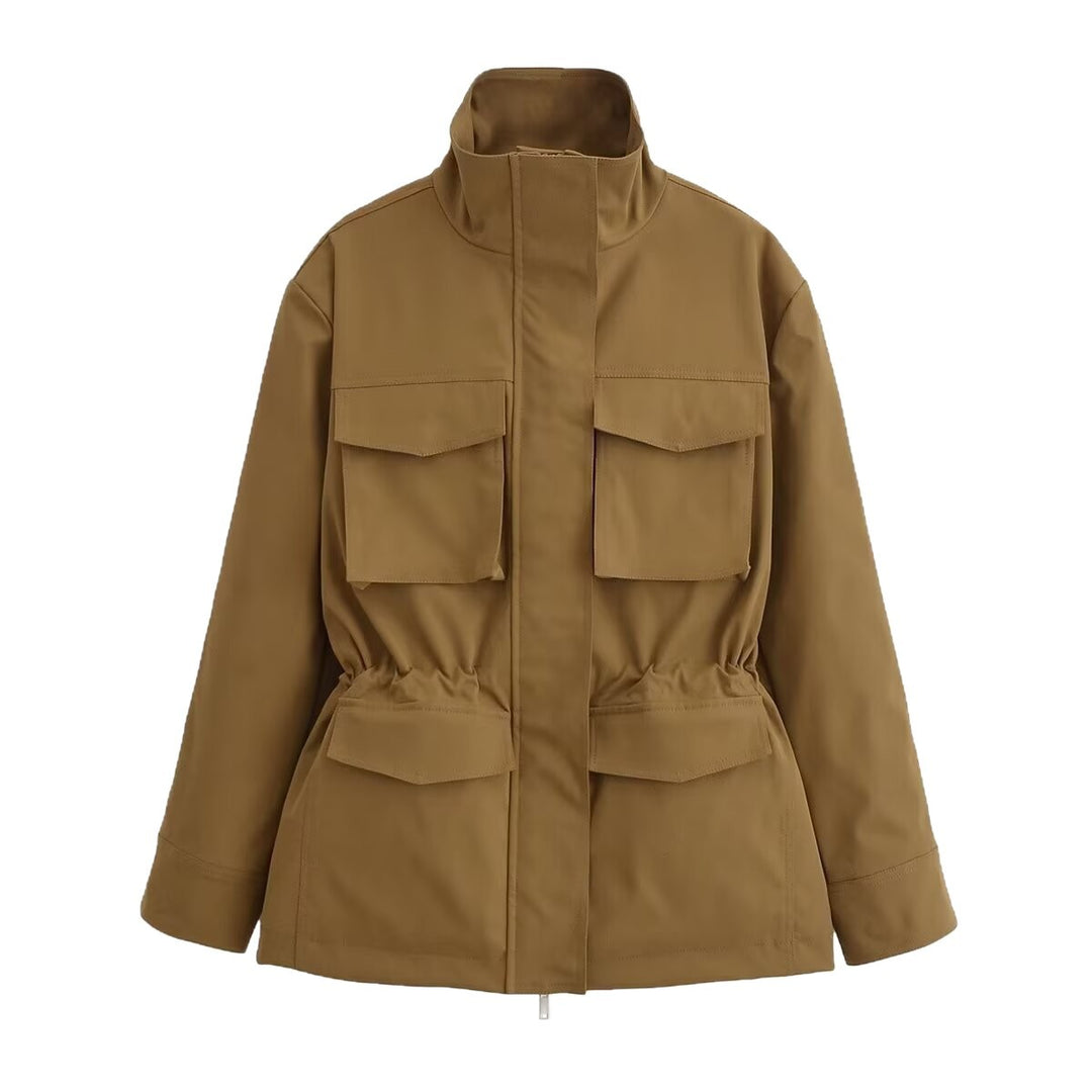 Damen Utility-Jacke mit Tunnelzugtaillen, Stehkragen und Pattentaschen Echo Archiv