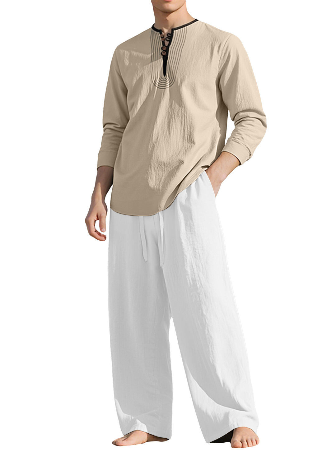 Herren nan Tunika- und Palazzohose-Set mit Henley-Blende, Zierstickerei und weitem Schnitt Echo Archiv