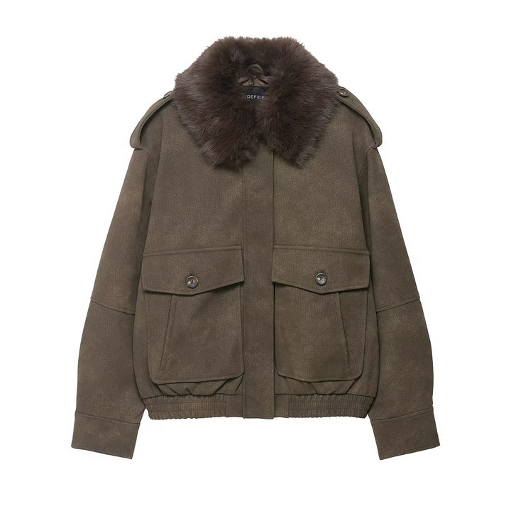 Damen Kurzjacke in Velourslederoptik mit abnehmbarem Fellkragen und Pattentaschen Echo Archiv