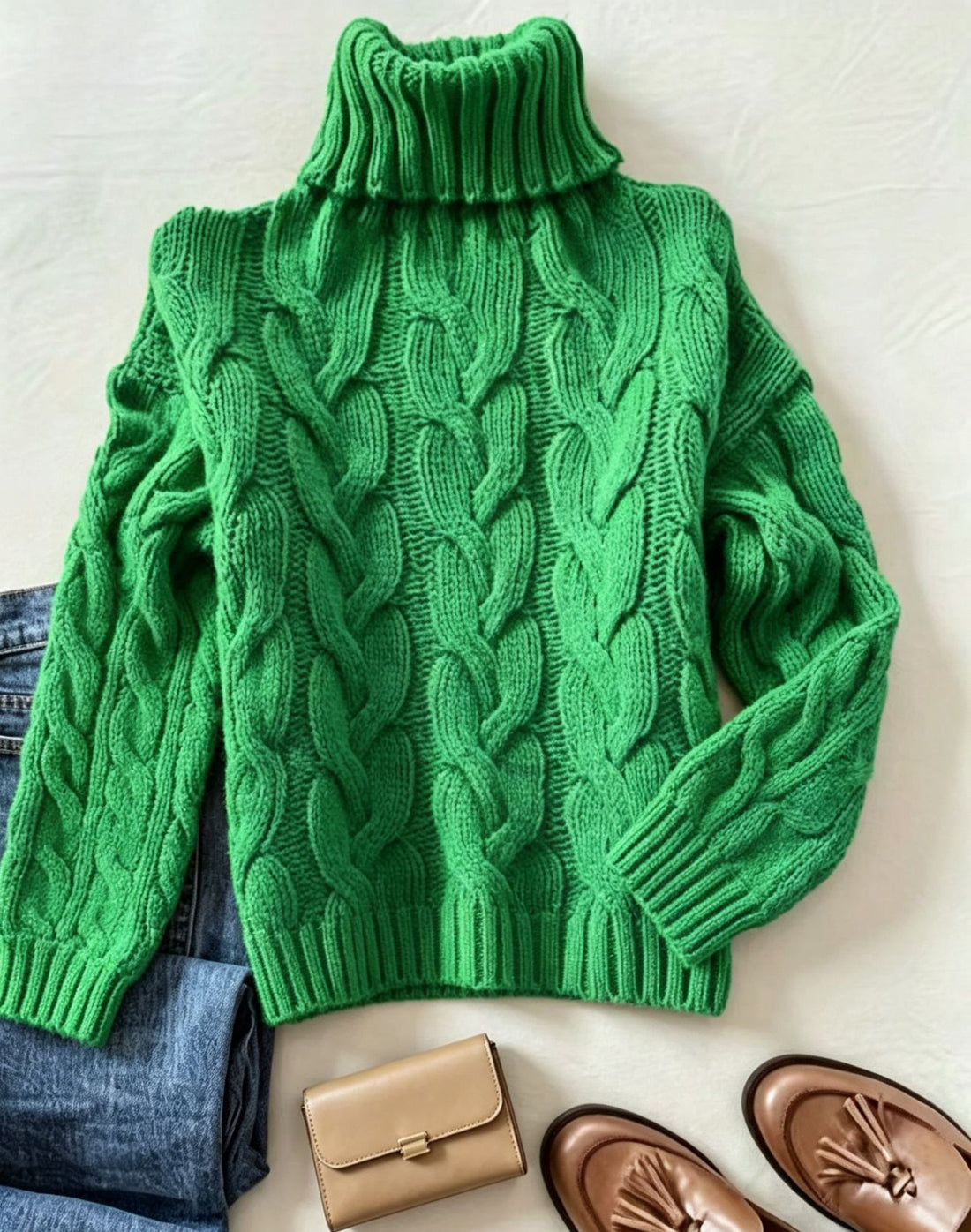 Damen Grobstrick-Rollkragenpullover mit markanten Zopfmustern und gerippten Bündchen – Mavelle