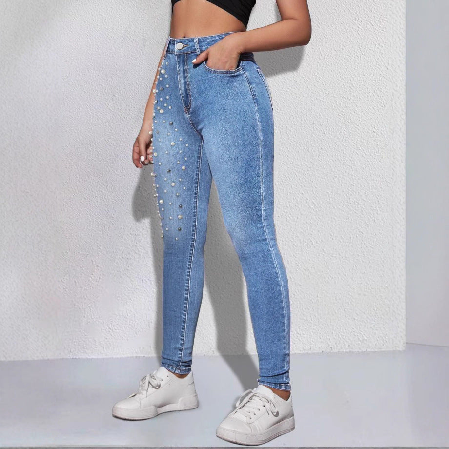 Damen Hochgeschnittene Sculpting-Skinny-Jeans mit asymmetrischem Perlenmuster Echo Archiv