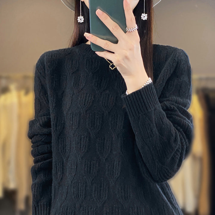 Damen Weicher Mohair‑Look Rundhalspullover mit erhabener Tulpenstruktur Echoarchiv