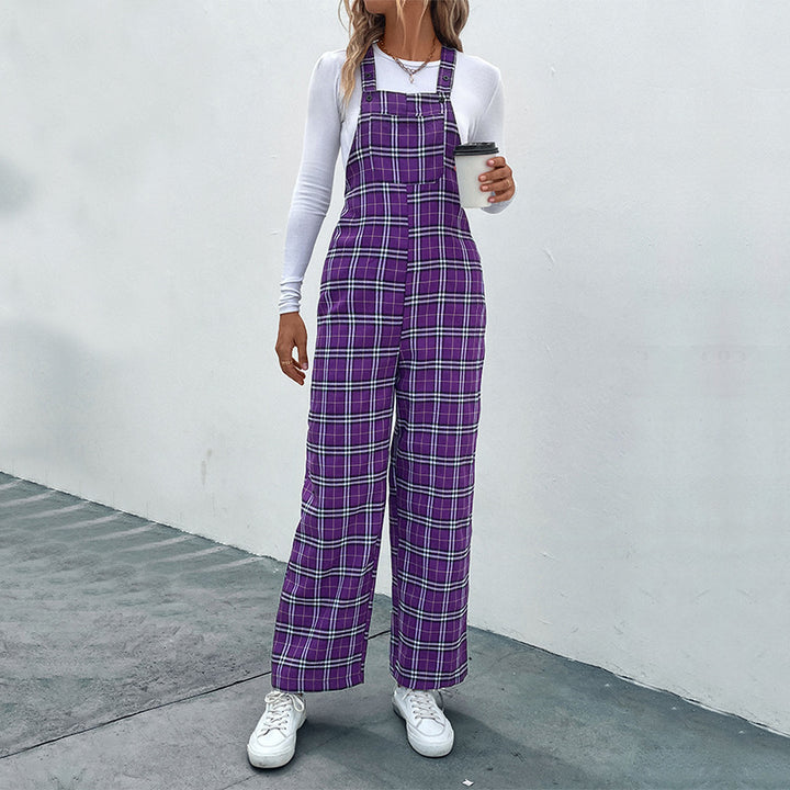 Damen Lässiger Karierter Jumpsuit mit breitem Bein und verstellbaren Trägern Echo Archiv