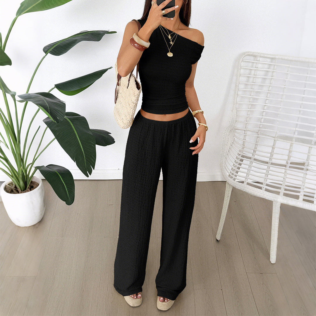 Damen Zweiteiliges Set aus elastischem Rippstoff mit asymmetrischem Top und weitem Hosen Echo Archiv