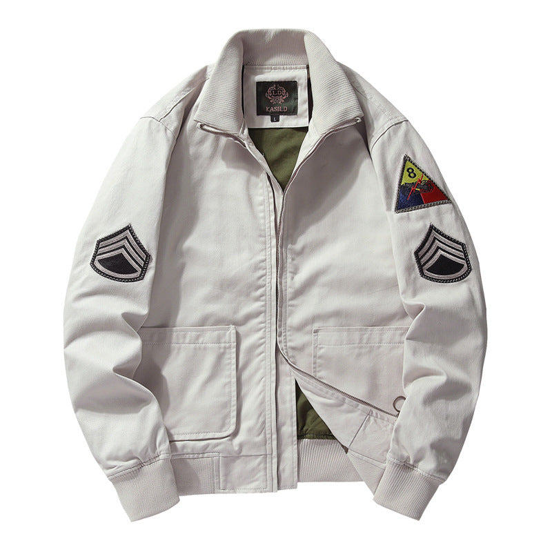 Herren Military-inspirierte Canvas-Bomberjacke mit Aufnähern, Stehkragen und Utility-Taschen Echoarchiv