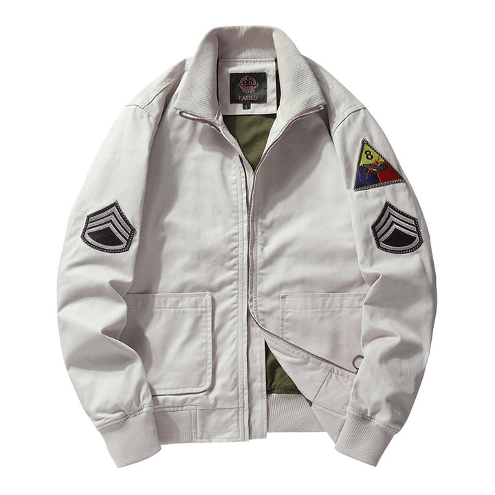 Herren Military-inspirierte Canvas-Bomberjacke mit Aufnähern, Stehkragen und Utility-Taschen Echoarchiv