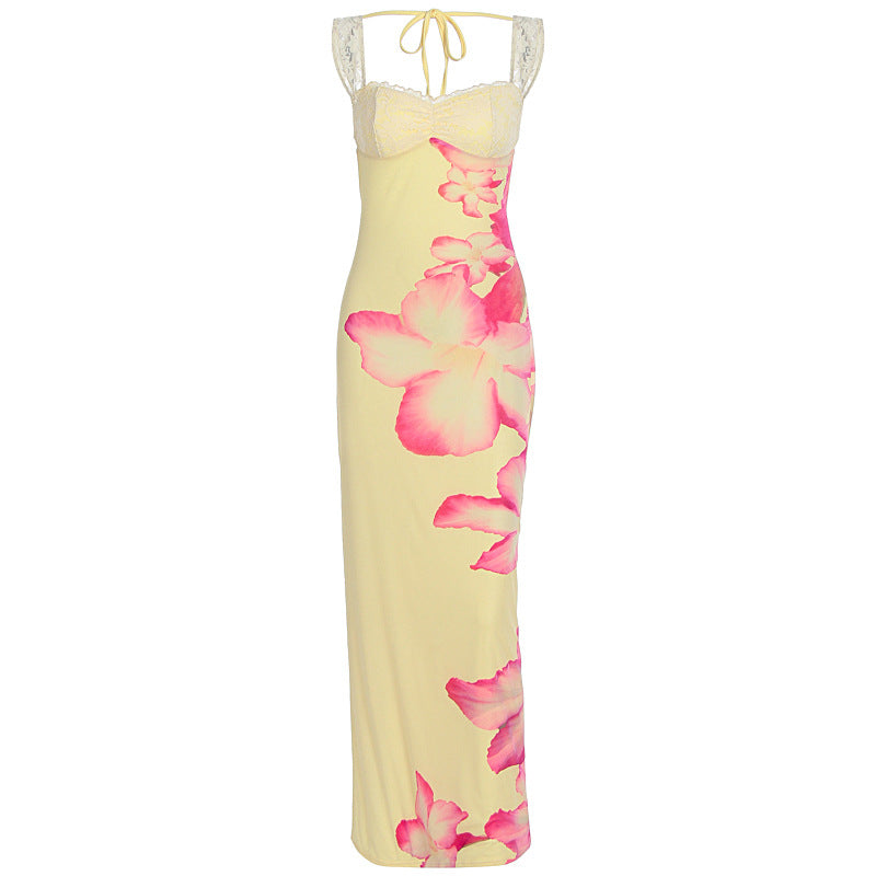 Damen Elegantes Maxikleid mit floralem Oberteil und Spitzenbändern Echo Archiv