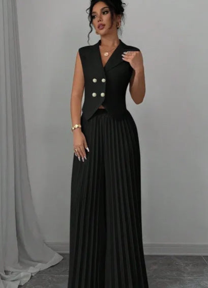 Damen Ärmelloses Weste-Blazer-Top mit Revers und plissierter Palazzo-Hose Zweiteiliges Abendset – Valéne