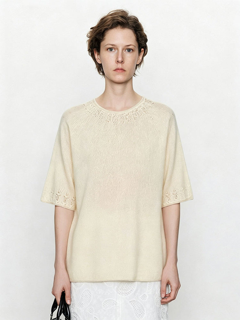 Damen Leichtes Feinstrick-Shirt mit halblangen Ärmeln, Rundhals und feinem Lochmuster Echo Archiv