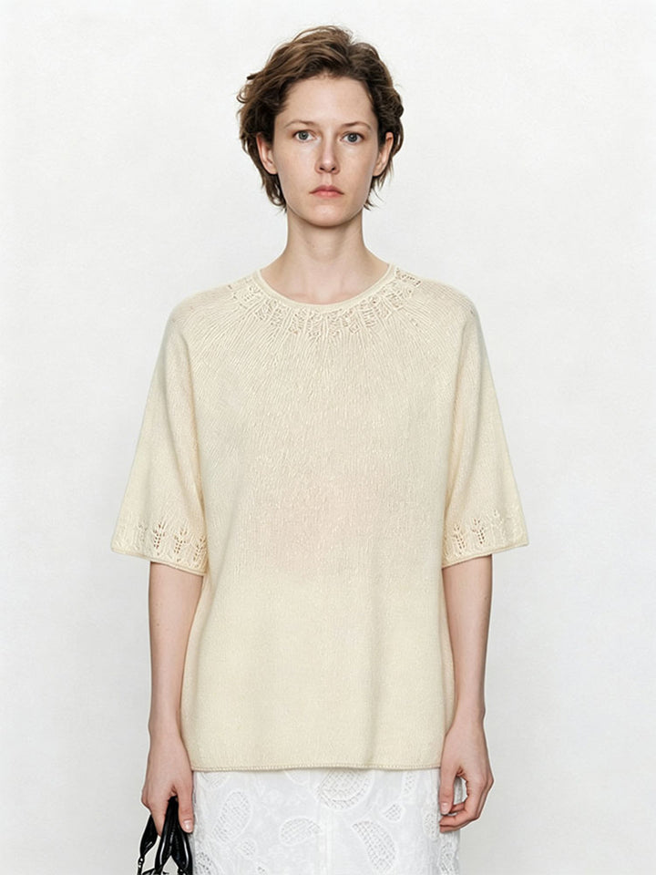 Damen Leichtes Feinstrick-Shirt mit halblangen Ärmeln, Rundhals und feinem Lochmuster Echo Archiv