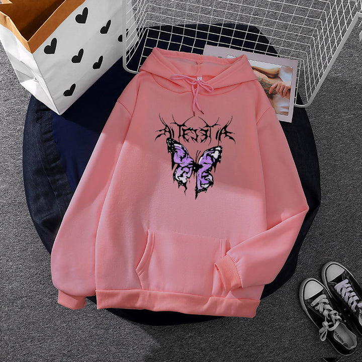 Damen leichter Oversize Kapuzenpullover mit Herz‑EKG‑Motiv, langen Kordeln und elastischem Bund – Auréline