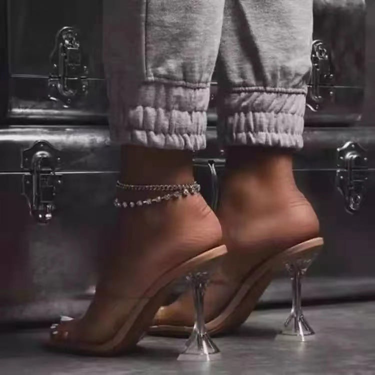 Damen nan transparente Schlupf-Mule mit PVC-Riemen, skulpturellem Plexiglas-Absatz und gepolstertem Fußbett Echo Archiv