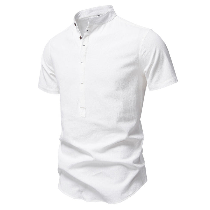 Herren nan lässiges Kurzarmshirt mit Stehkragen, halber Knopfleiste und leicht strukturierter Baumwoll-Leinen-Qualität Echo Archiv