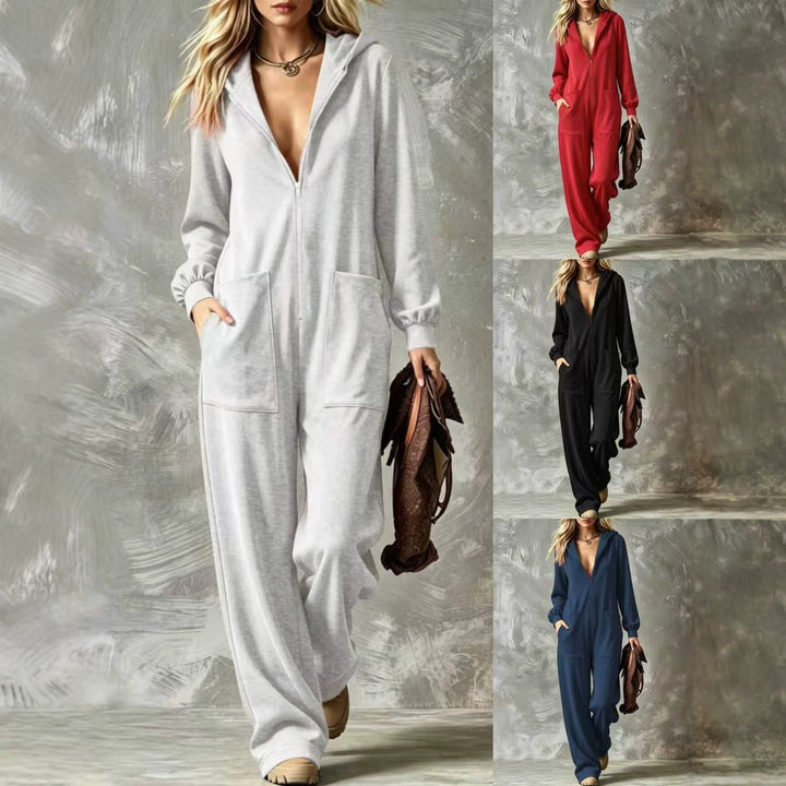 Damen Kapuzen-Jumpsuit mit durchgehendem Reißverschluss und aufgesetzten Taschen Echoarchiv