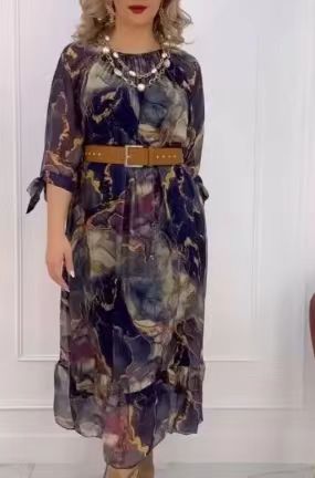 Damen Elegantes Chiffon Maxikleid mit floralen Akzenten, gestuftem Rock und 3/4-Ärmeln Echoarchiv