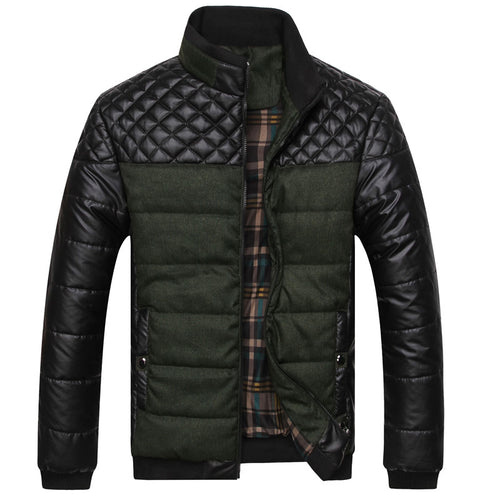 Herren gesteppte Hybrid-Steppjacke mit Kunstlederärmeln, hochschließendem Kragen und kariertem Innenfutter Echoarchiv