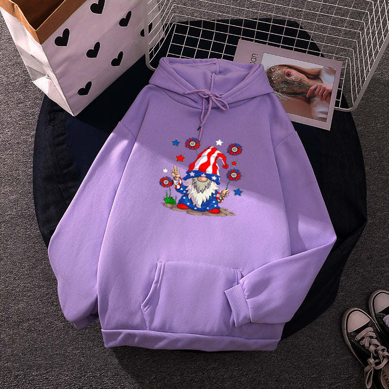 Damen Kapuzenpullover mit patriotischem Gartenzwerg-Print, angerautem Fleece-Innenfutter, Oversize-Schnitt und Kängurutasche – Auréline