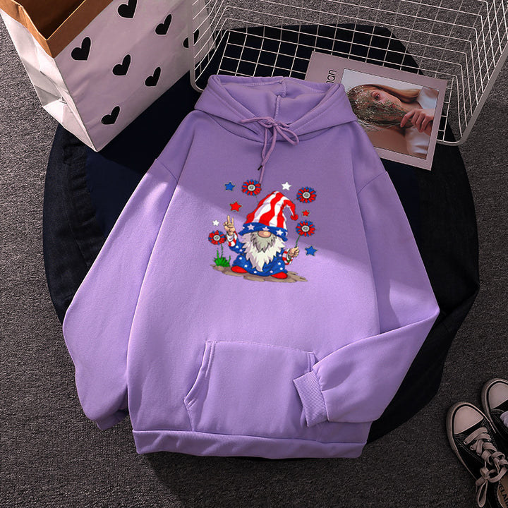 Damen Kapuzenpullover mit patriotischem Gartenzwerg-Print, angerautem Fleece-Innenfutter, Oversize-Schnitt und Kängurutasche – Auréline