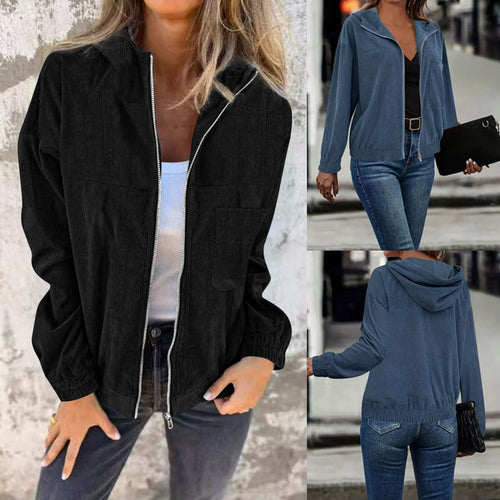Damen Casual Cord-Hoodiejacke mit feiner Kordsamtstruktur, durchgehendem Reißverschluss und elastischem Saum – Célinea