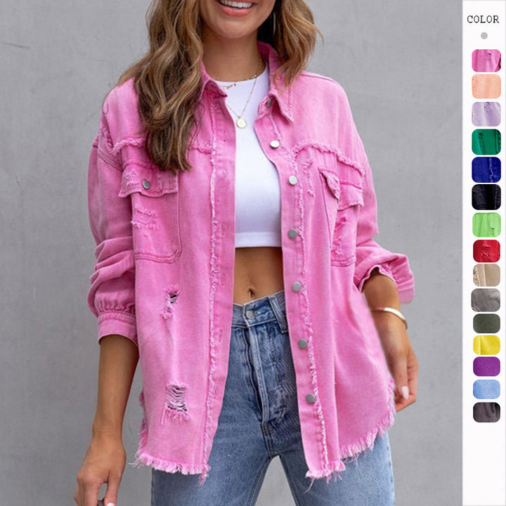 Damen nan oversized Jeanshemdjacke mit ausgefranstem Saum und distressed Details Echo Archiv