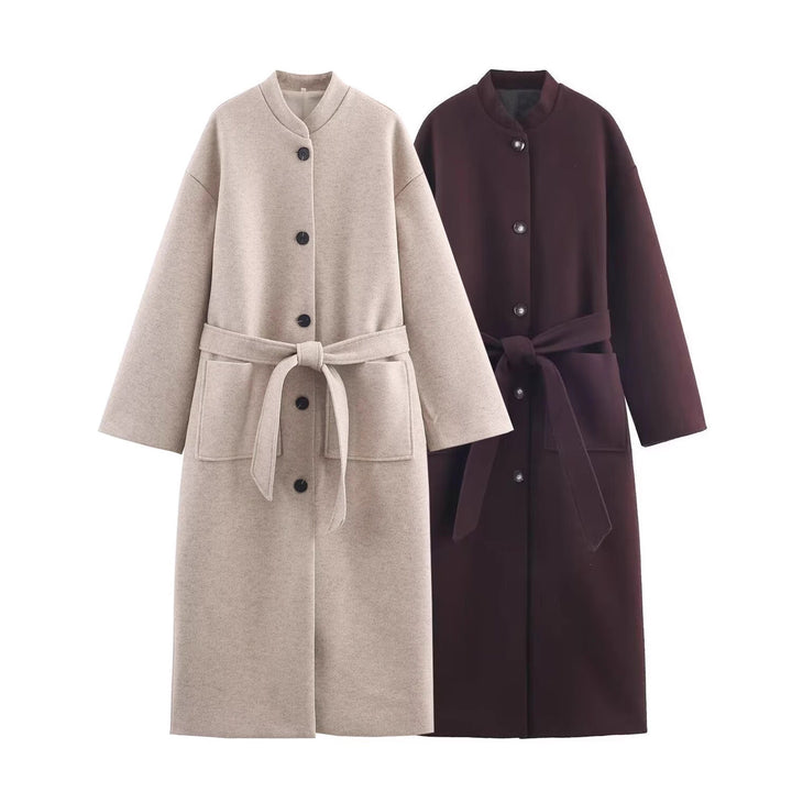 Damen Langer minimalistischer Wollmix-Kimono-Mantel mit Bindegürtel Echo Archiv
