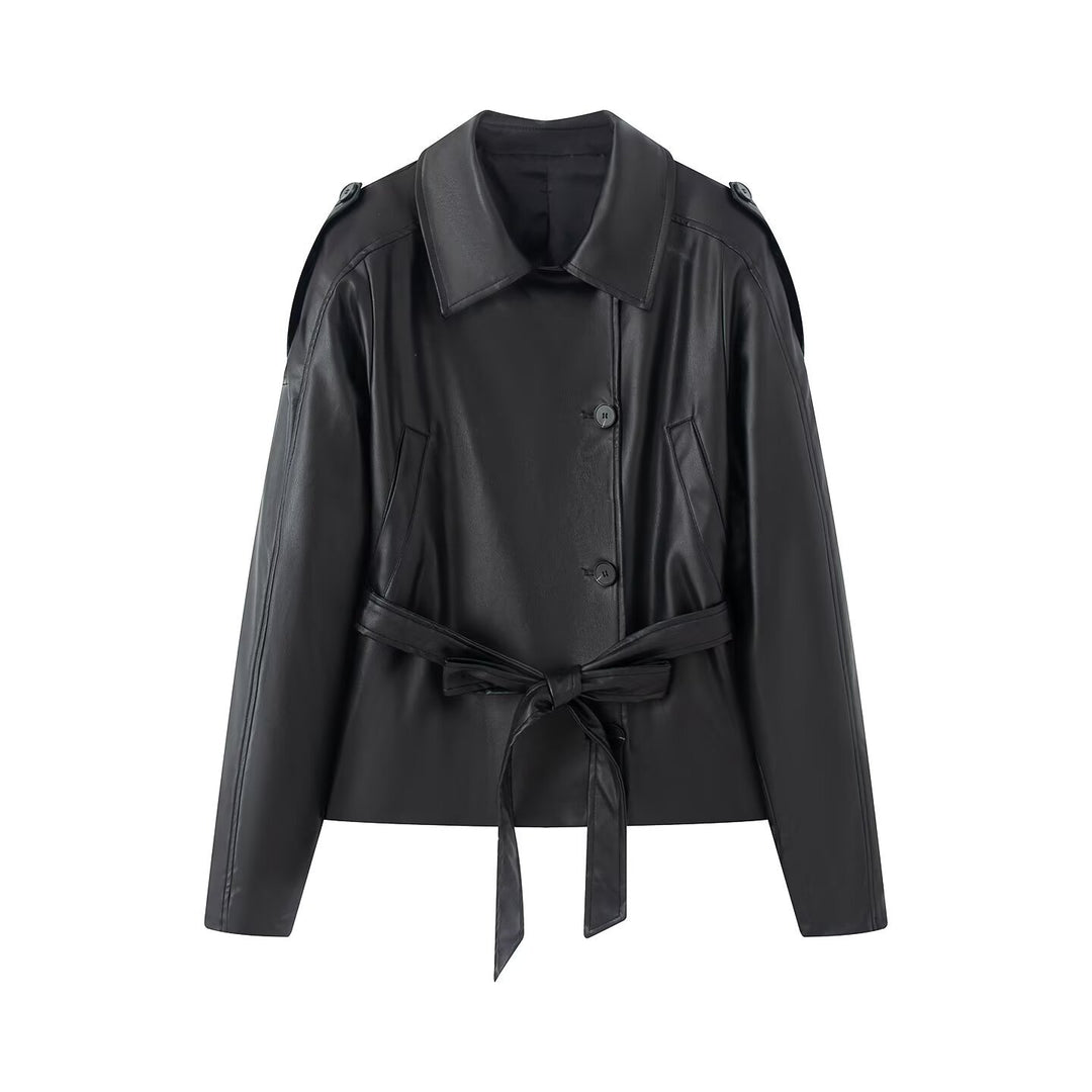 Damen kurze Kunstleder‑Trenchjacke mit Taillengürtel und Schultercape Echoarchiv