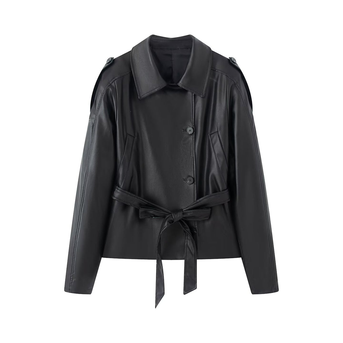 Damen kurze Kunstleder‑Trenchjacke mit Taillengürtel und Schultercape Echoarchiv