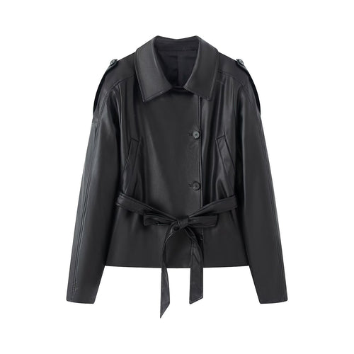 Damen kurze Kunstleder‑Trenchjacke mit Taillengürtel und Schultercape Echoarchiv