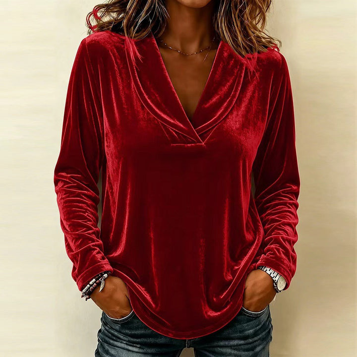 Damen Samt-Relaxshirt mit Schalkragen, V-Ausschnitt und legere Oversize-Passform Echoarchiv