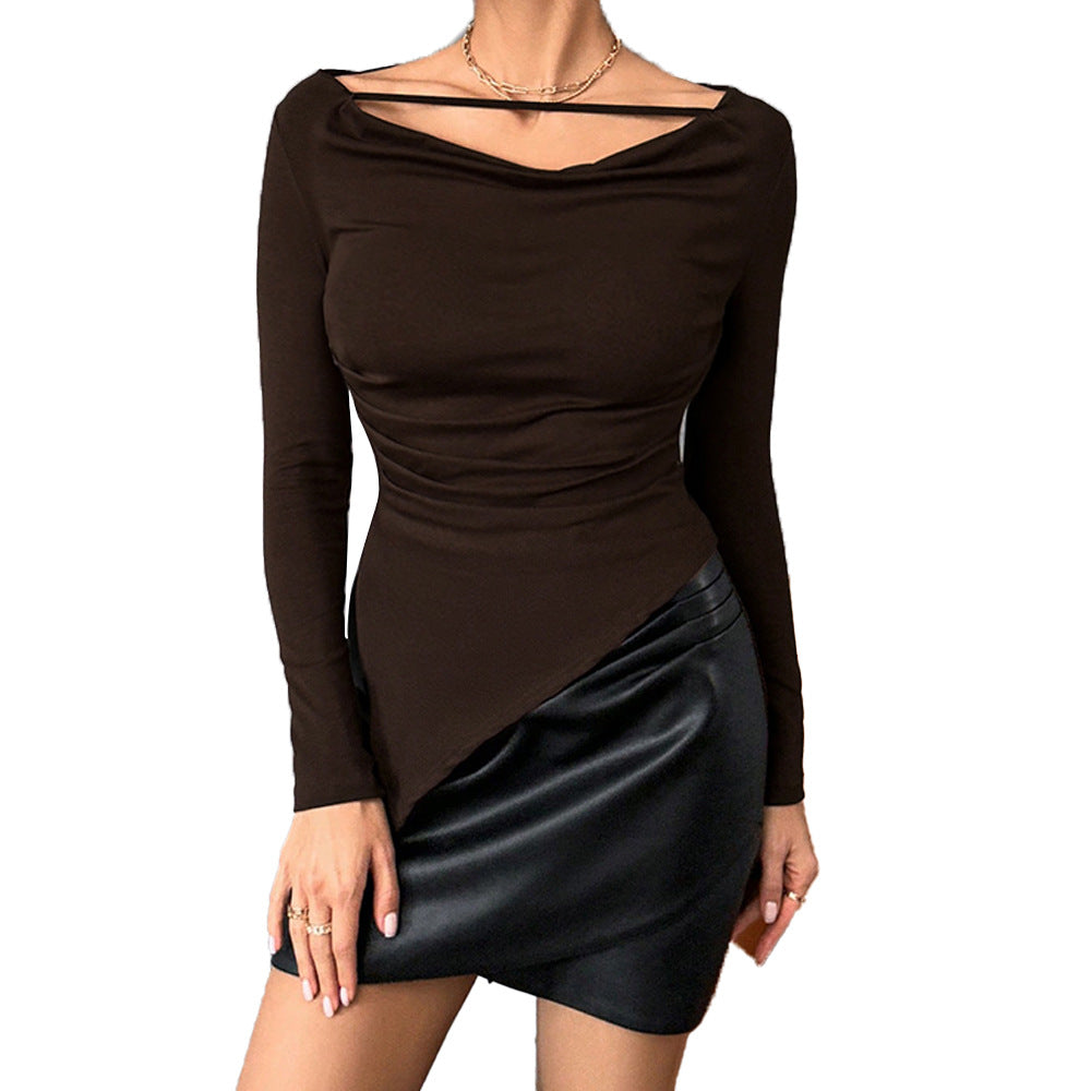 Damen asymmetrisches Langarm-Top mit Wasserfallausschnitt und feinem Schulterband – Avérine