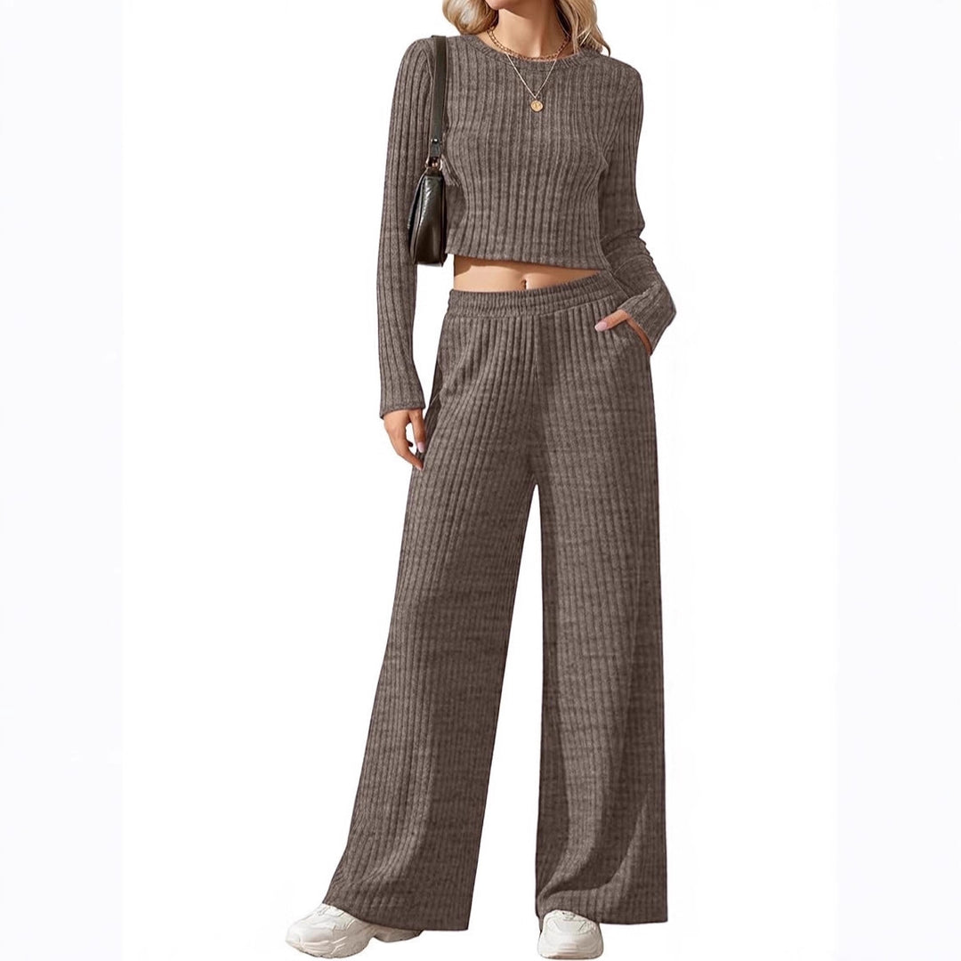 Damen Geripptes Feinstrick-Lounge-Set mit Cropped Langarmtop und High-Waist Palazzohose Echoarchiv