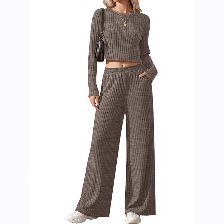 Damen Geripptes Feinstrick-Lounge-Set mit Cropped Langarmtop und High-Waist Palazzohose Echoarchiv