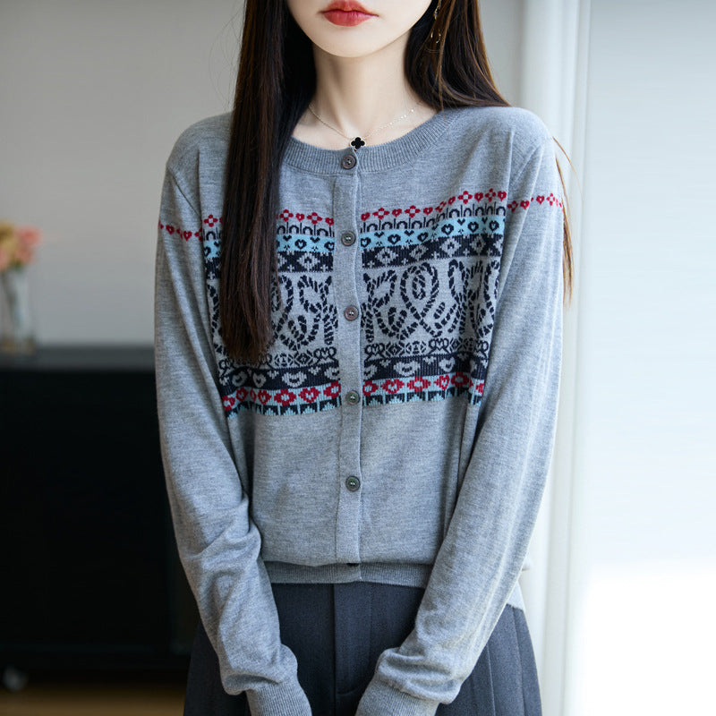 Damen Leichter Feinstrick-Cardigan mit nordischem Jacquardmuster und feiner Knopfleiste Echoarchiv