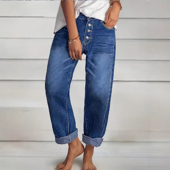 Damen High‑Waist Relaxed-Fit Jeans im Boyfriend-Stil mit Sichtbarer Knopfleiste und Aufgekrempeltem Saum Echo Archiv