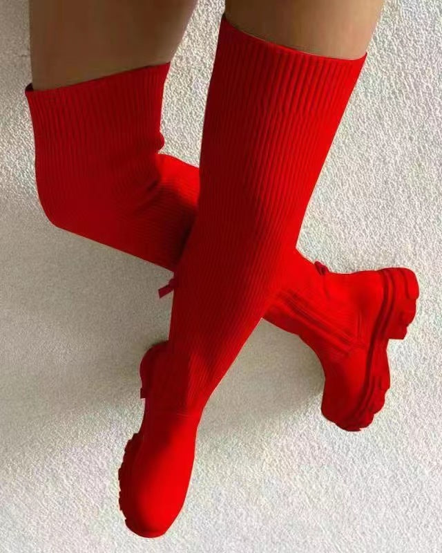 Damen knielange Strickschaft-Chelsea-Boots mit kontrastfarbiger Profilsohle – Lioré