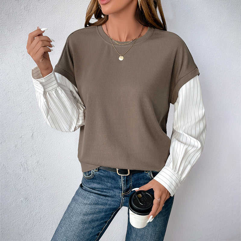 Damen Casual-Longsleeve mit Rippoberteil & gestreiften Blusenärmeln Echoarchiv