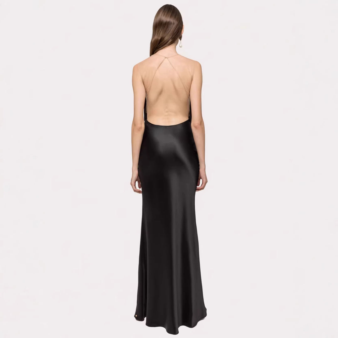 Damen Langärmliges Maxikleid mit tiefem V-Ausschnitt und fransierten Details Echo Archiv