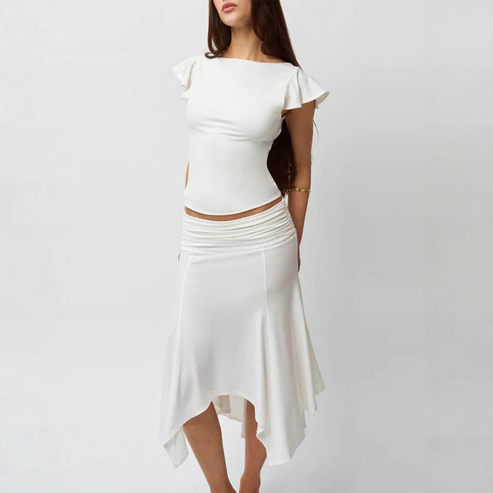 Damen Elegantes Oberteil mit Rüschendetails und asymmetrischem Rock Echo Archiv
