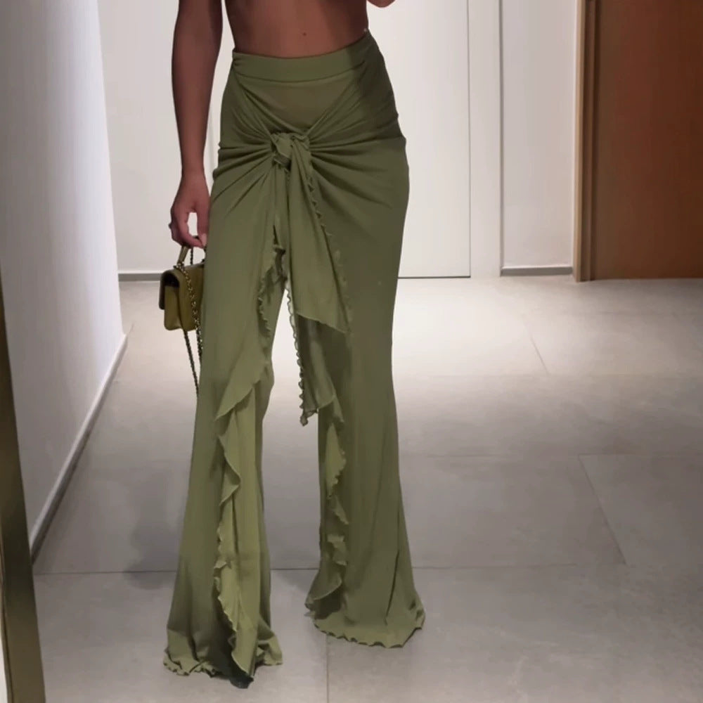 Damen Hochtaillierter Maxi-Rock mit asymmetrischer Raffung, Knotendetail und Volant-Schlitz Echoarchiv