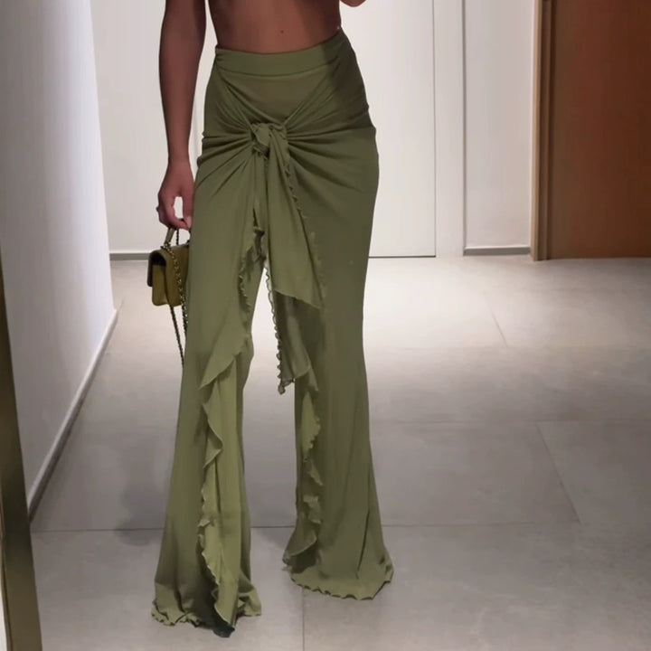 Damen Hochtaillierter Maxi-Rock mit asymmetrischer Raffung, Knotendetail und Volant-Schlitz Echoarchiv