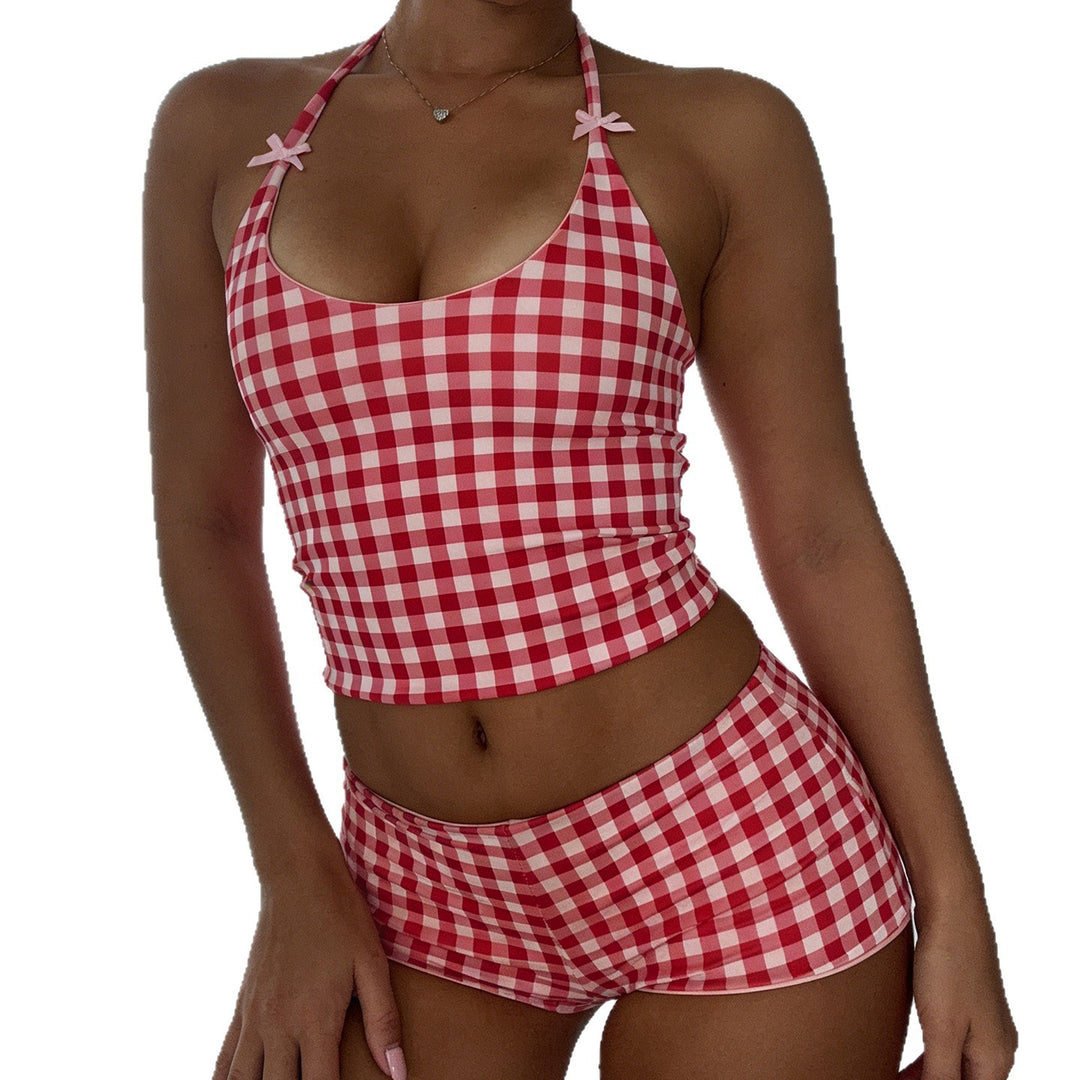 Damen Gingham Muster Badeanzug mit verstellbarem Halter Echo Archiv