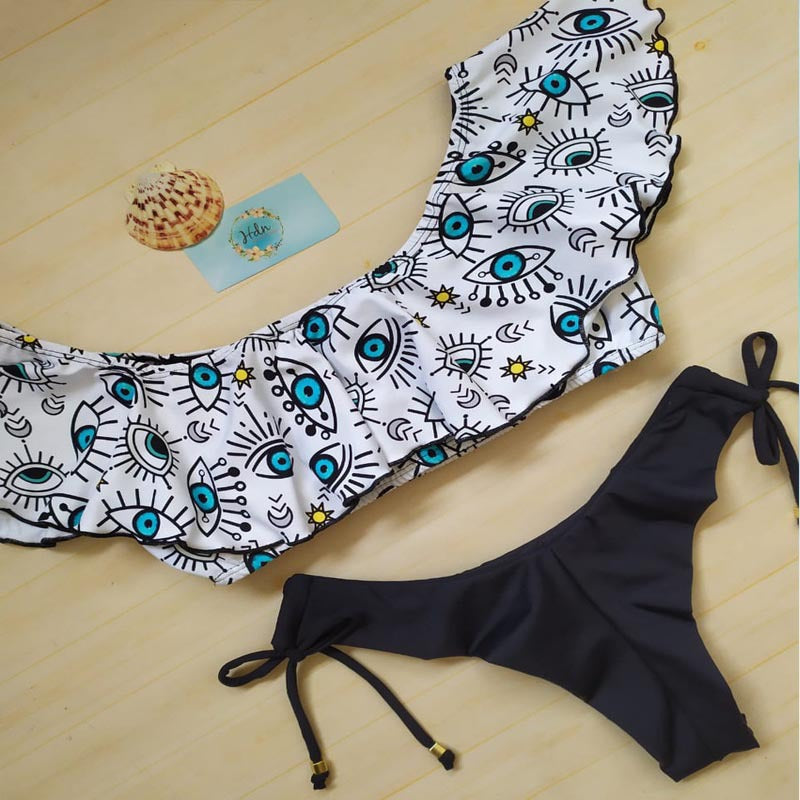 Damen Bunt bedruckter Bikini mit Schultervolants Echo Archiv