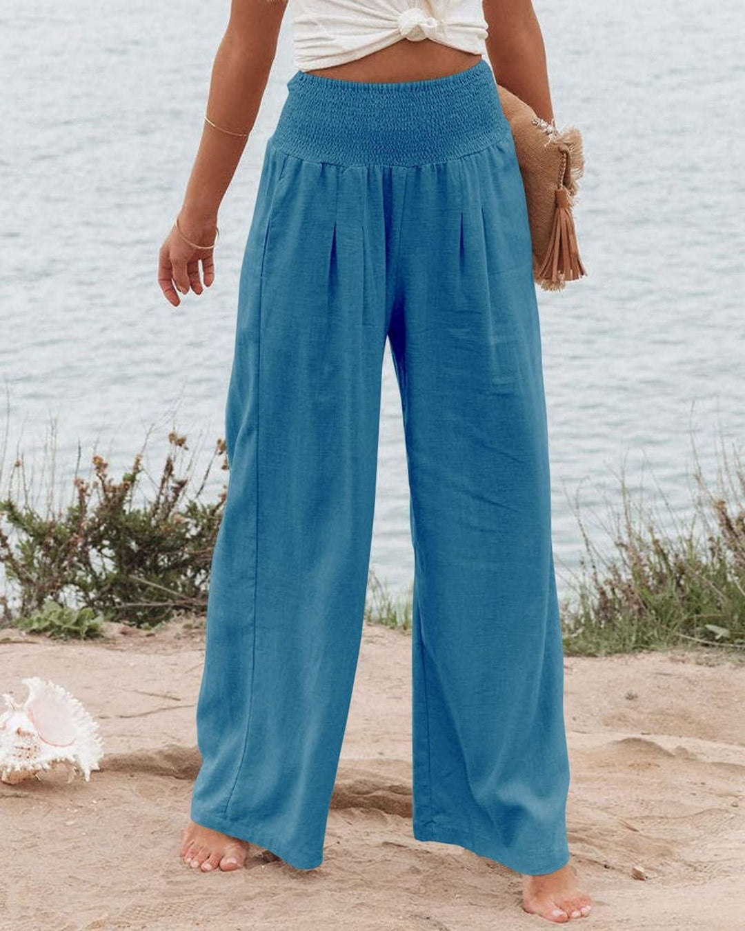 Damen Weite Leinenhose mit Elastischem Bund und Falten Echoarchiv