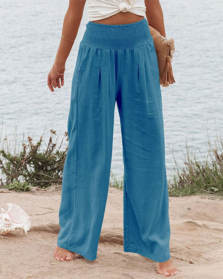 Damen Weite Leinenhose mit Elastischem Bund und Falten Echoarchiv