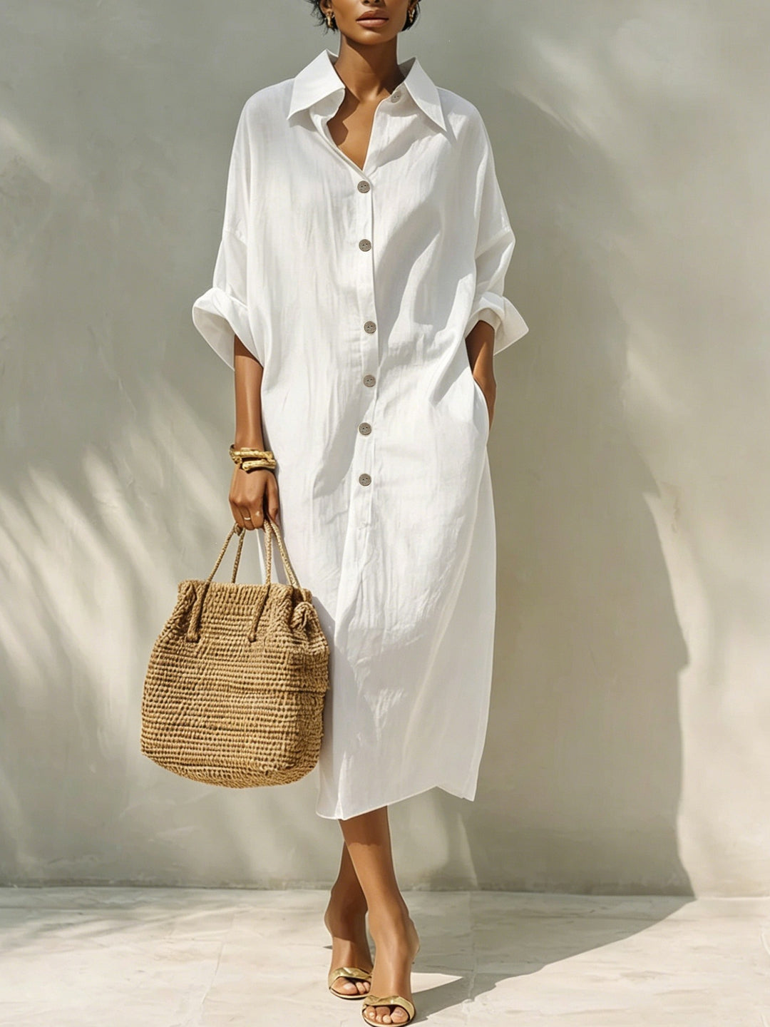 Damen Langes Oversize-Hemdblusenkleid mit Kentkragen und durchgehender Knopfleiste – Valéora